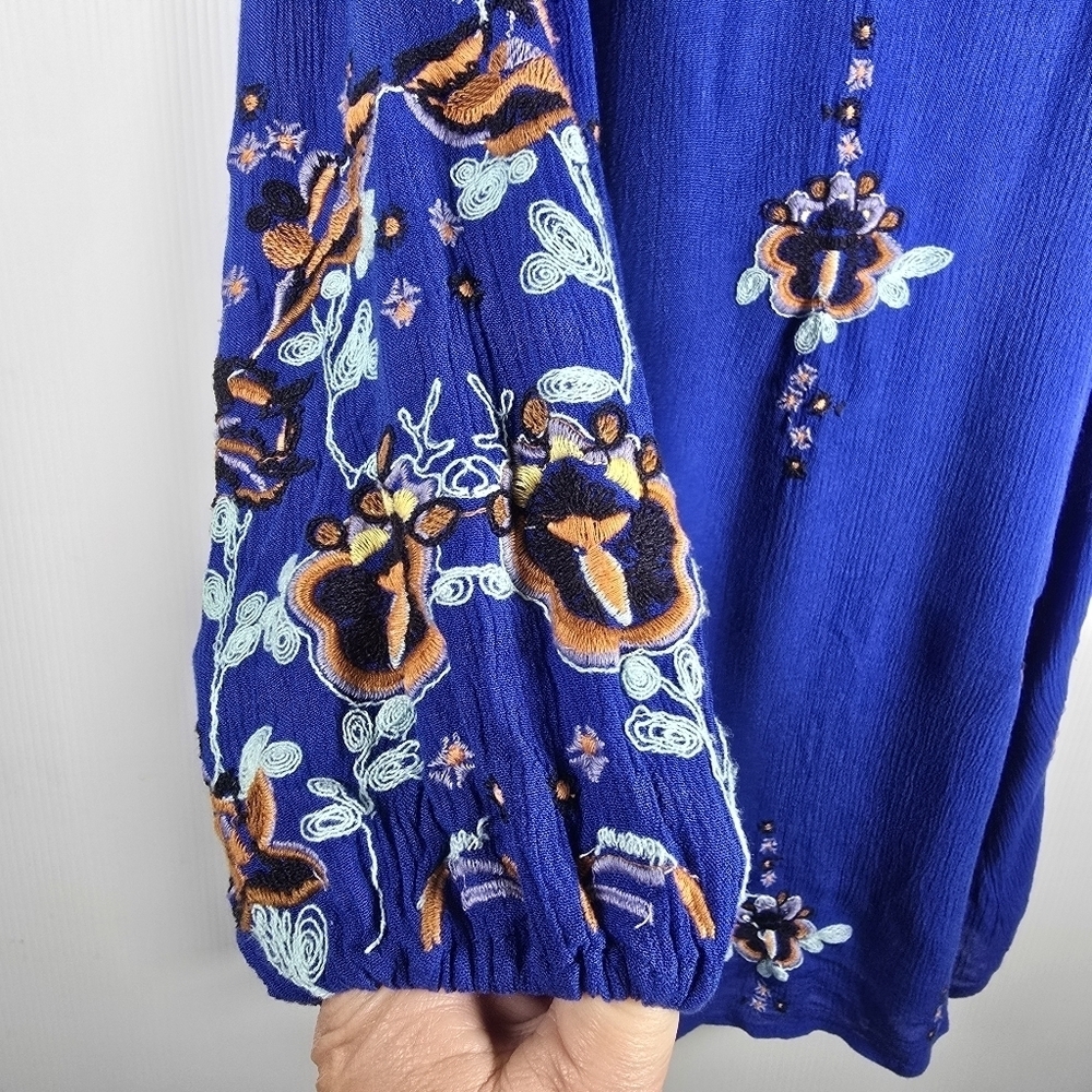 Free People Women's Boho Blue Oxford Embroidered Balloon Sleeve Dress Size S - Picture 5 of 16